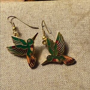 Hummingbird Enamel Earrings - Green and Gold